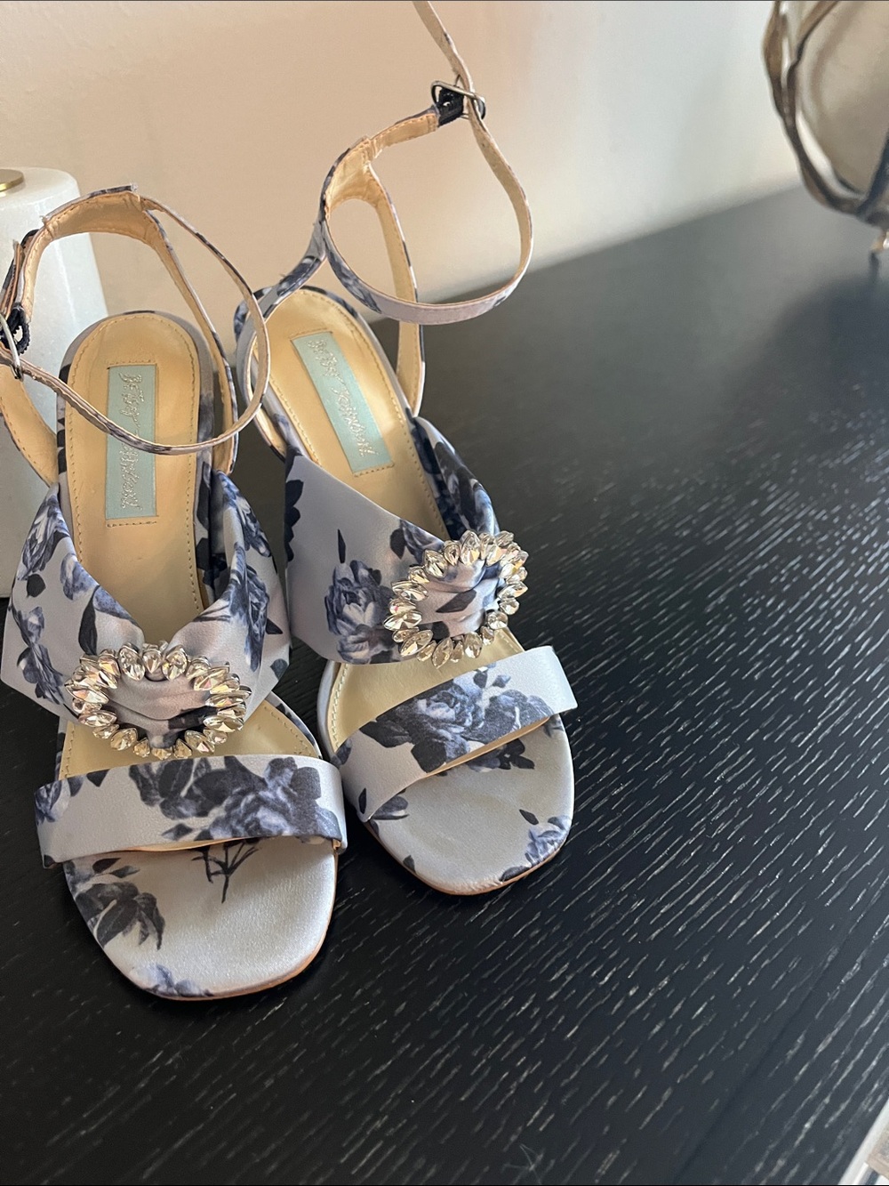 Floral Satin Ankle-Strap Heels with Crystal Buckle in Light Gray